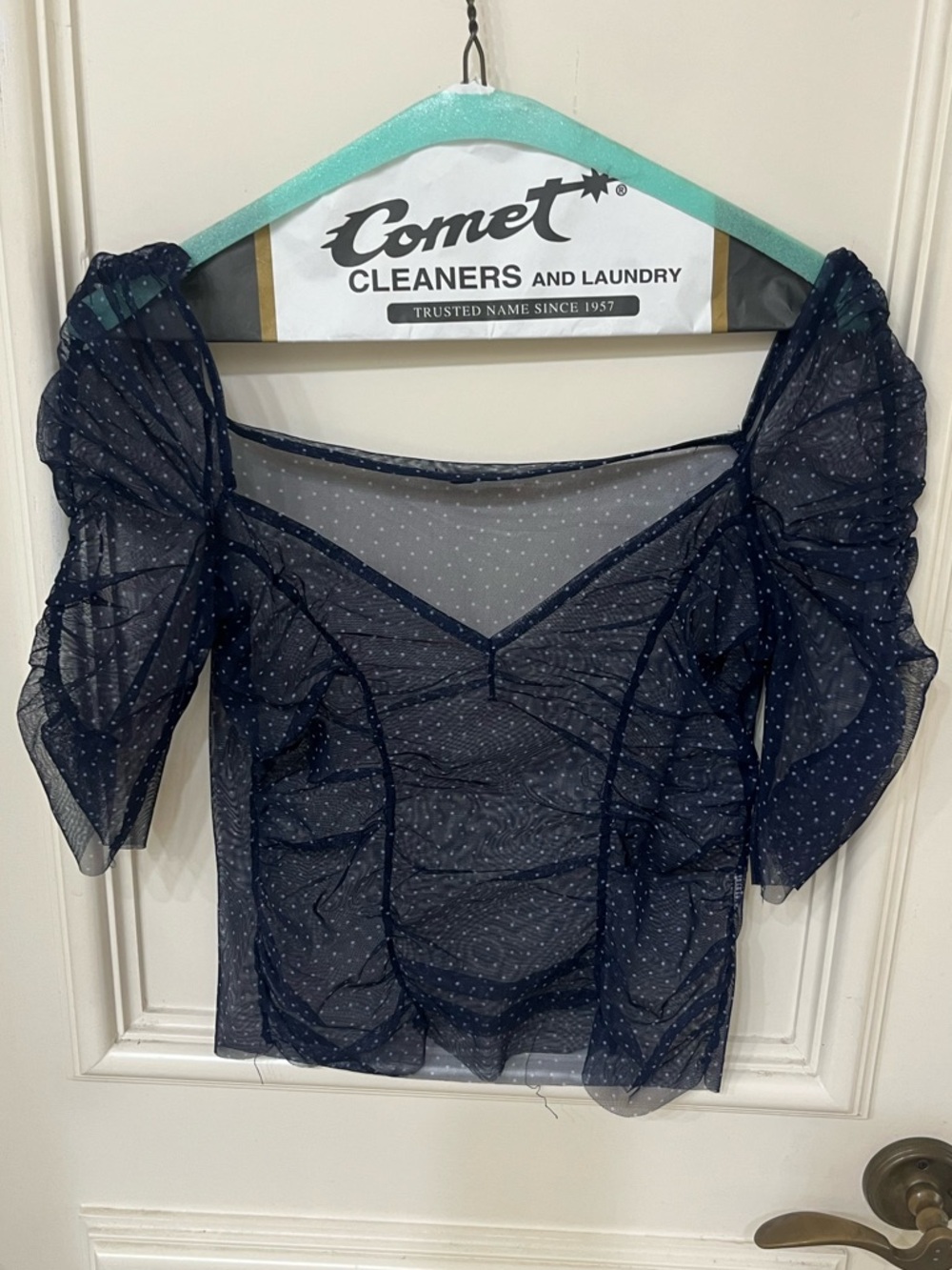 Zara Sheer Navy Polka Dot Puff-Sleeve Top. Small
